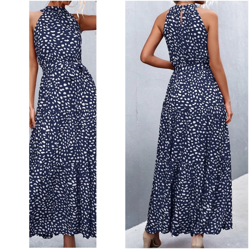 Boho Leopard Print High Waisted Halter Maxi Dress - Picture 3 of 7